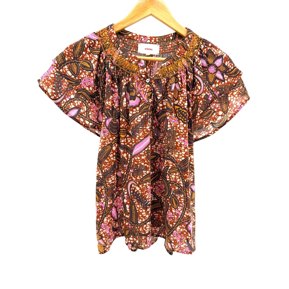 Xirena Earth Tone Summer Batik Print Top Medium Bohemian Lightweight Peasant
